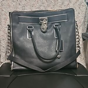 Black Shoulder Bag with Structured Shape and Silver-Toned Hardware